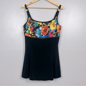 Robby Len black tropical floral modest 1 piece swim dress, size 12.